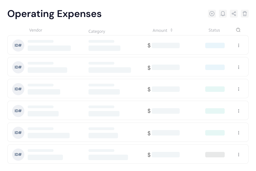 Operating expenses list with vendors, categories, amounts, and payment statuses for expense tracking.