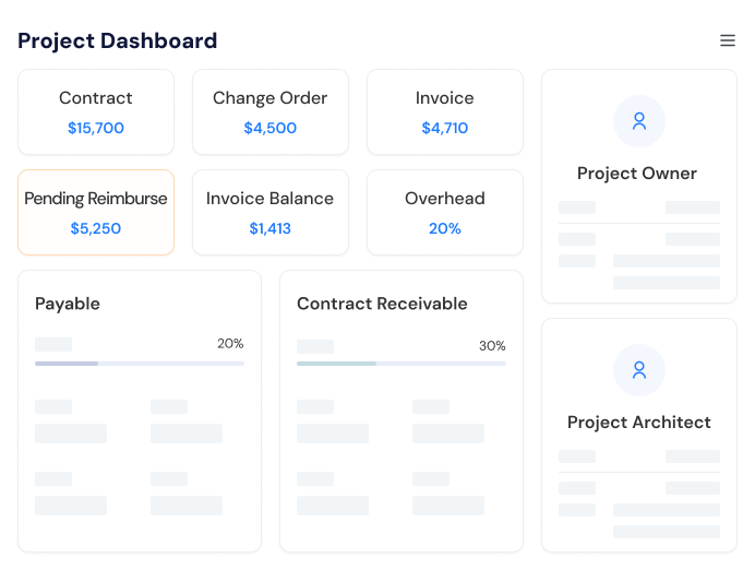 Project dashboard displaying contracts, invoices, reimbursements, and financial data for construction project tracking.