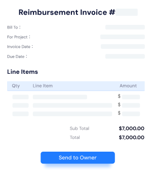 Reimbursement invoice with line items, total amount, and a 'Send to Owner' button for approval request.