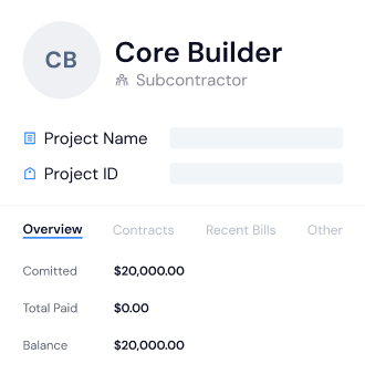 Overview of a subcontractor’s financials, showing committed amounts, total paid, and balance for better contract management.