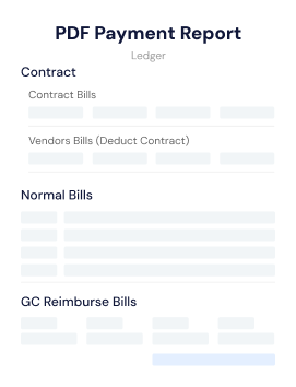 Automatically generated PDF payment report summarizing the subcontractor ledger, including contract bills, vendor deductions, and reimbursements.