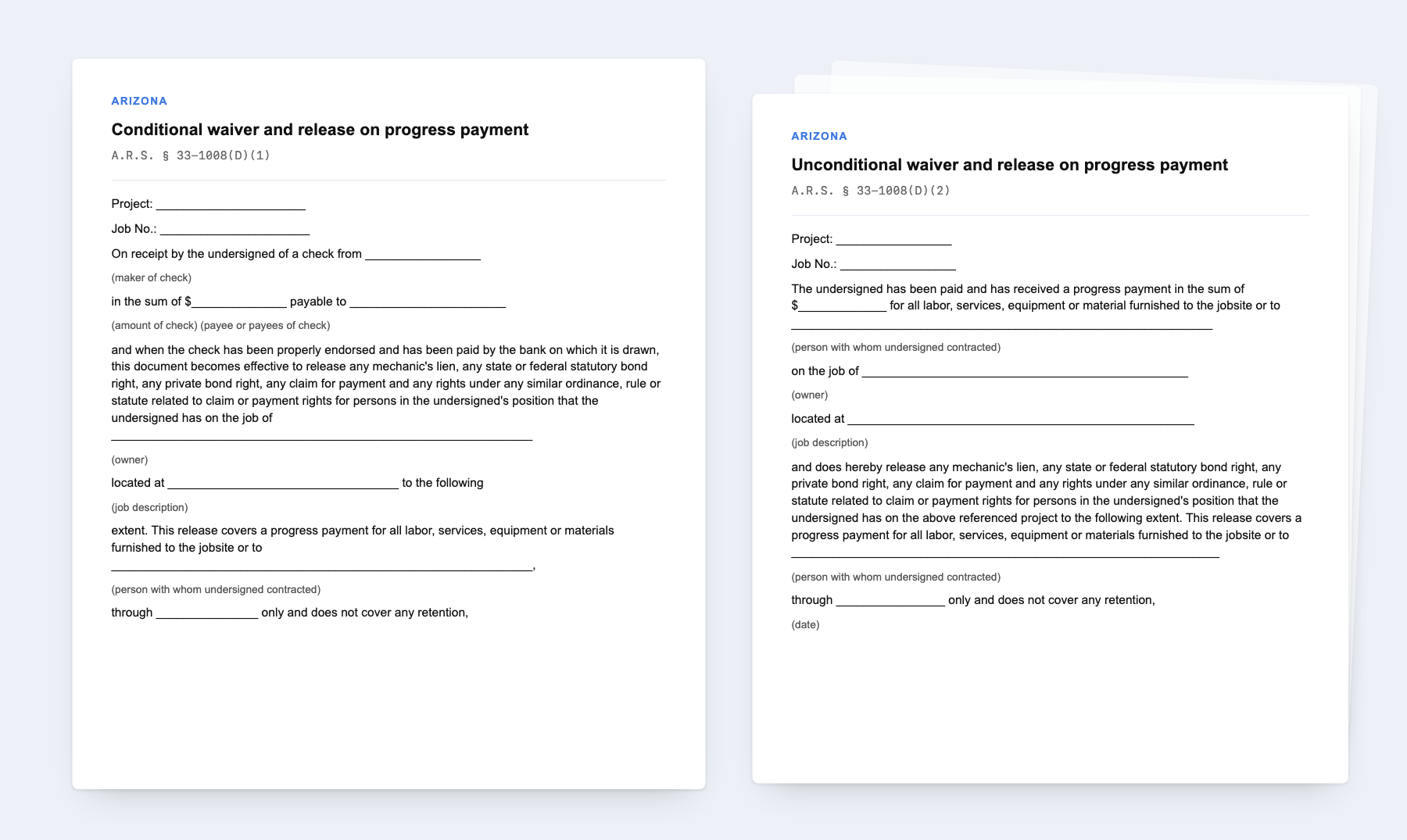 The four Arizona statutory lien waiver forms, conditional and unconditional, for progress and final payment