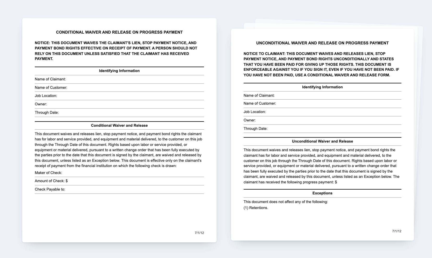 The four California statutory lien waiver forms, conditional and unconditional, for progress and final payment