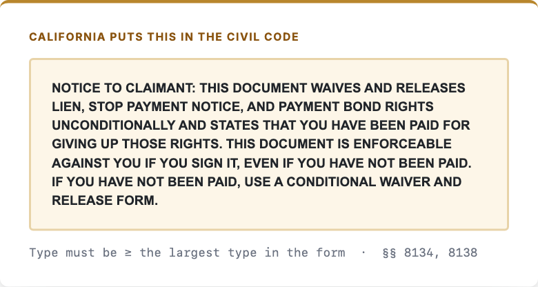 Notice to Claimant required on a California unconditional waiver