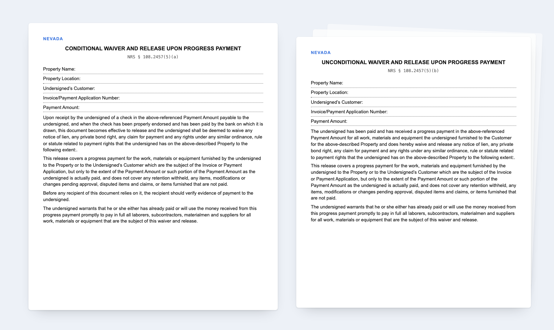 The four Nevada statutory lien waiver forms, conditional and unconditional, for progress and final payment