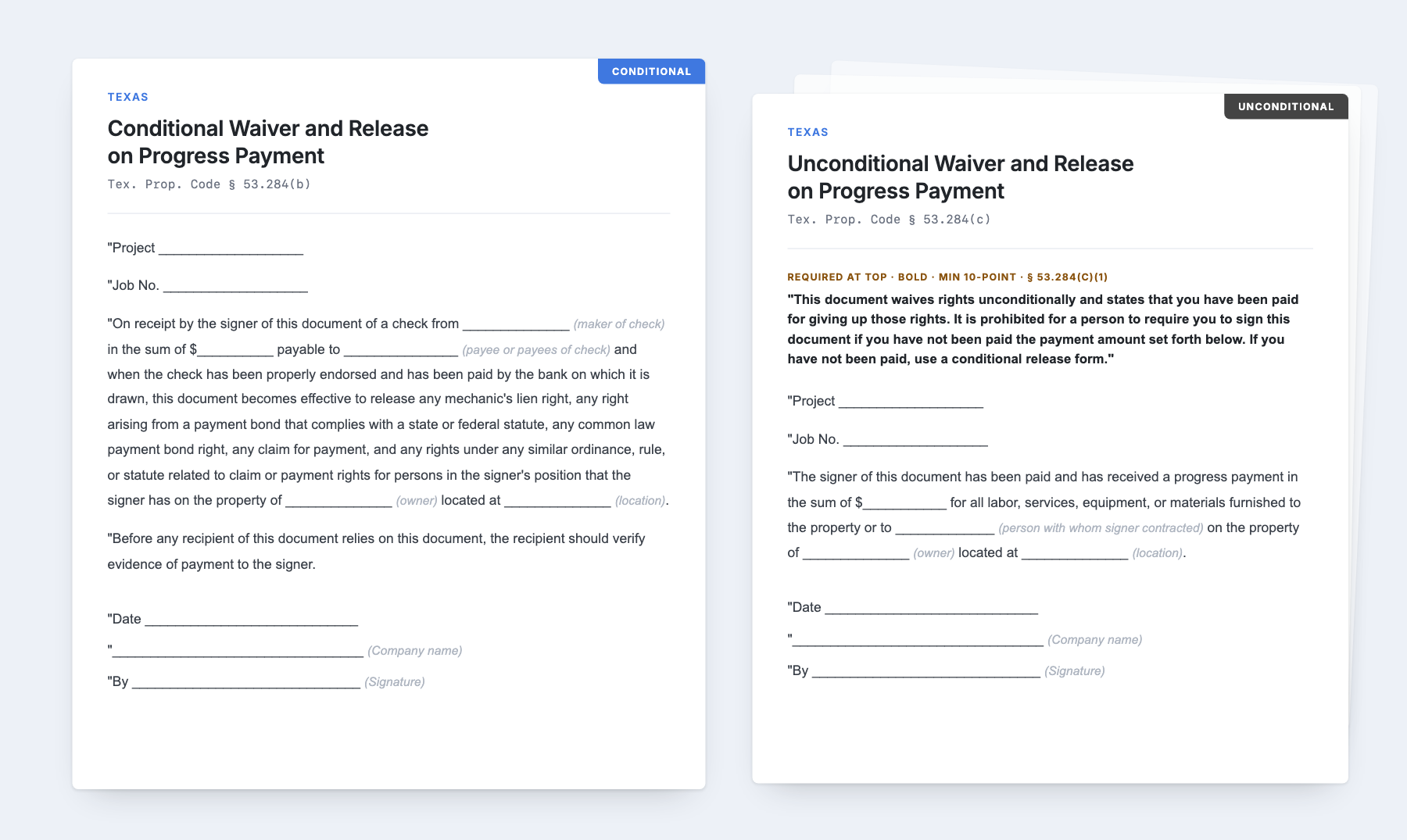 The four Texas statutory lien waiver forms, conditional and unconditional, for progress and final payment