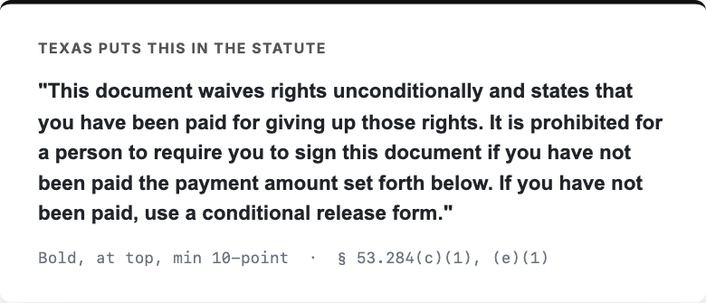 Bold notice Texas requires at the top of an unconditional waiver