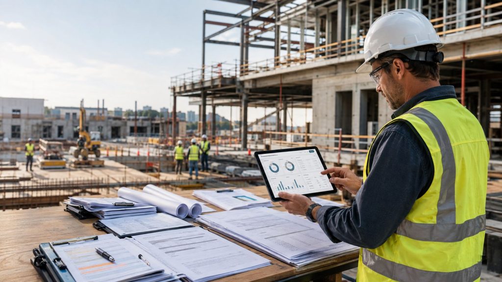 General contractor reviewing preliminary lien notice tracking documents and construction payment compliance records